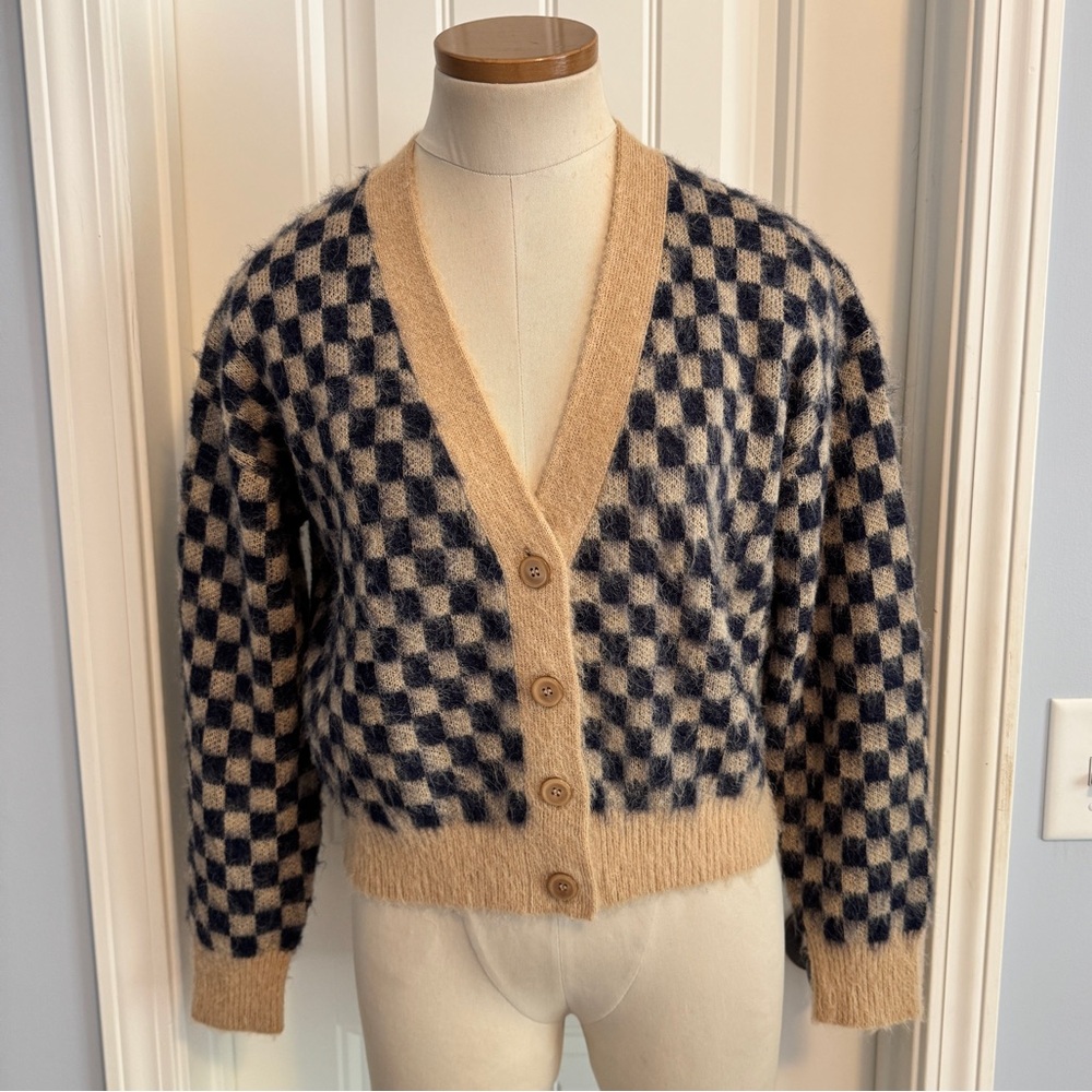 J Crew XS Blue Checkered V-Neck Cardigan Sweater in Brushed Yarn Preppy Academia